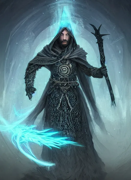 Image similar to hexblade warlock aasimar, teal electricity, male, silver shaggy hair, short scruffy beard, cloak, white eyes, fantasy, extremely detailed, digital painting, artstation, concept art, smooth, sharp focus, illustration, stunning lighting, art by artgerm and greg rutkowski and alphonse mucha and simon stalenhag, realistic character concept, high fantasy, light atmosphere, golden ratio, cinematic lighting, hyperdetailed, high resolution, insanely detailed and intricate, artstation, Marc Simonetti, Greg Rutkowski, 8k, HD, unreal engine
