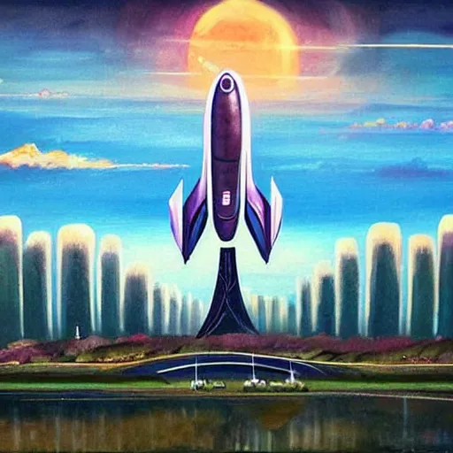 Image similar to Beautiful city of the future in harmony with nature, spaceship in the sky. Nice colour scheme, soft warm colour. Beautiful painting by Lurid. (2022)