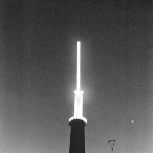 Prompt: a picture of an ufo above an television tower at night, 1 9 6 0's, black and white