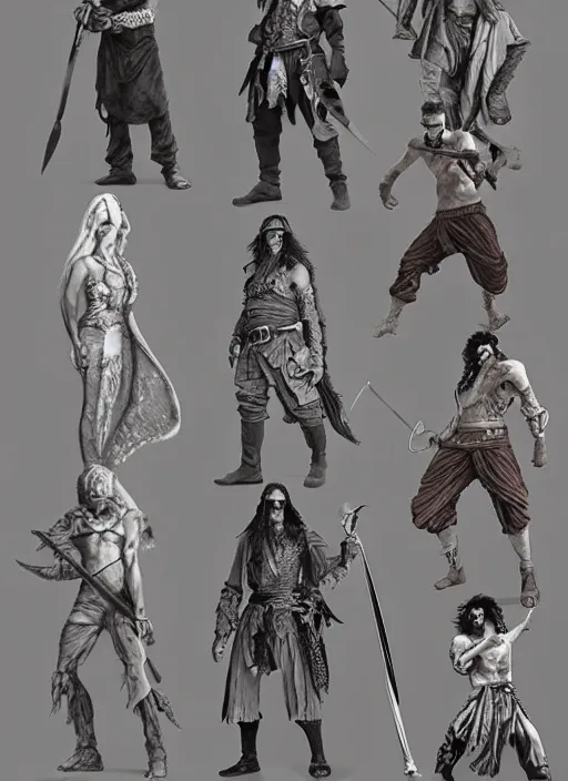 Image similar to detailed pencil spot illustrations of various character concepts from the prince of persia game and pirates of the caribbean movie, various poses, by burne hogarth, by bridgeman, by anthony ryder, by yoshitaka amano, by ruan jia, by conrad roset, by mucha, artstation, artstation.