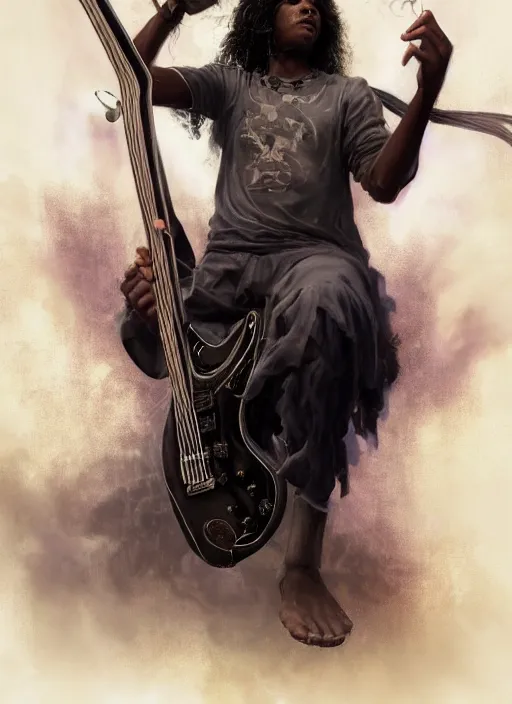 Image similar to fantasy changeling black kid with long curly hair playing electric guitar, between worlds, dim light, half n half ront game card, marvel comics, dark, intricate, highly detailed, smooth, artstation, digital illustration by ruan jia and mandy jurgens and artgerm and wayne barlowe and greg rutkowski and zdislav beksinski