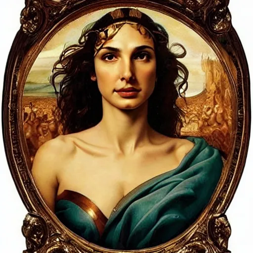 Image similar to Head and shoulders masterpiece portrait oil painting of the beautiful goddess Gal Gadot as Venus, she is wearing roman clothes and a surreal jewelry, her hair is natural disheveled, she is approaching heaven over the clouds, naturalism, dramatic lighting, high-detailed oil painting by Ilya Repin, Michelangelo da Caravaggio, William Blake, Alex Grey and Beksinski, trending on Artsation, hystorical painting, naturalism, masterpiece, 4k, 8k,