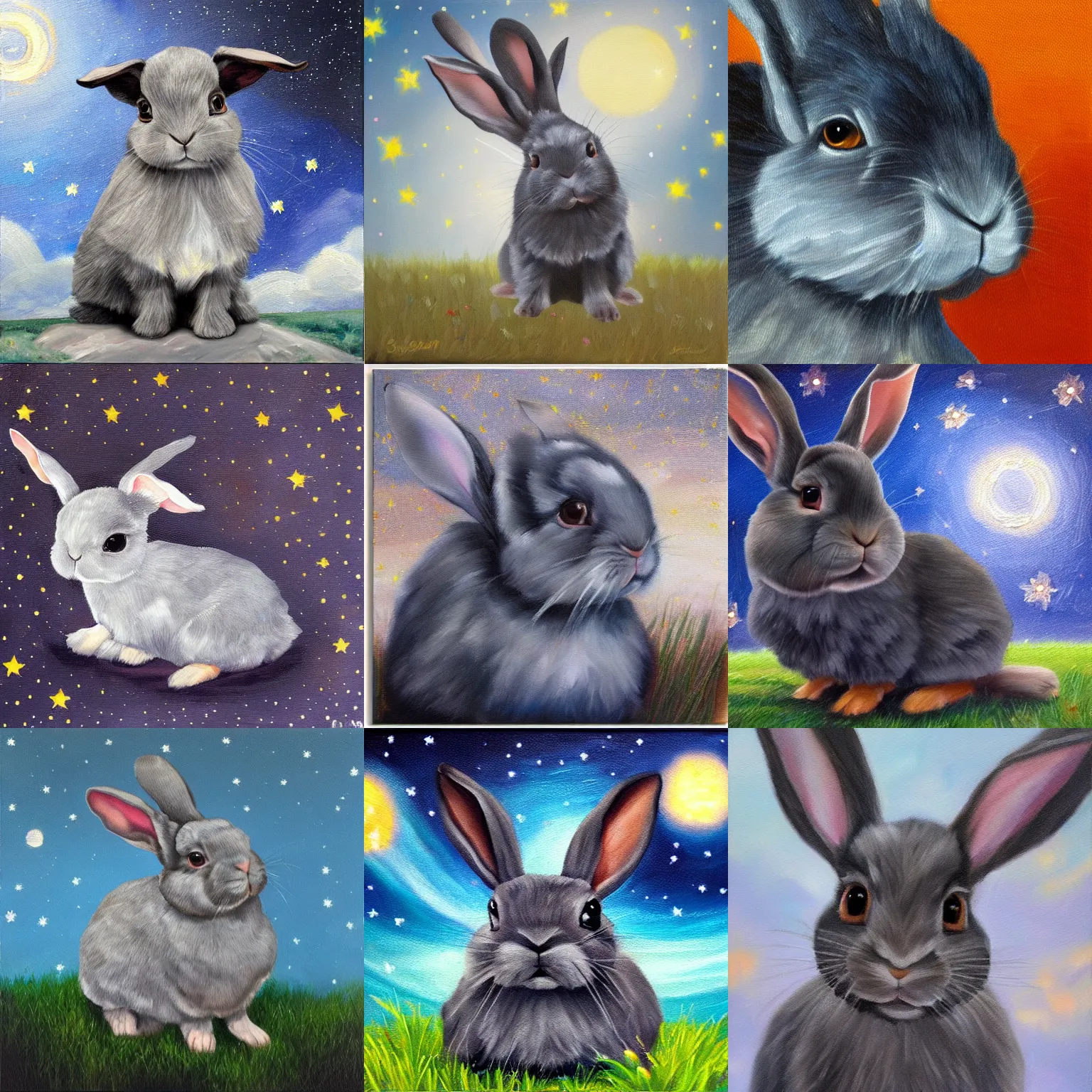 Prompt: Oil painting portrait of a dark gray holland lop rabbit, starry sky, dreamy