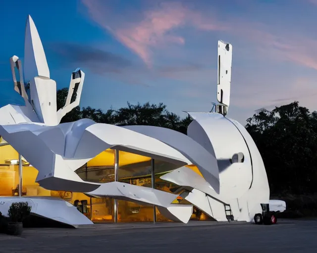 Prompt: photo of white minimalist abstract cubist sculpture of curvy spaceship with random small mecha mayan decorations, covered with few large white airplane parts with windows and doors, gigantic size used as restaurant, late sunset lighting