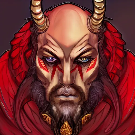 Image similar to dnd style portrait of a tiefling, male, red scales, red skin, a big black beard, completely golden eyes, 2 black ram horns growing out of his forehead,