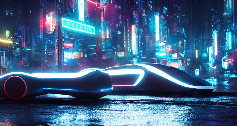 Image similar to product shot of a tron tesla light cycle car on wet city street at night, intricate, hyper detailed, smooth, high contrast, neon, volumetric lighting, octane, moebius, greg rutkowski, blade runner, ripley scott, cindmatic