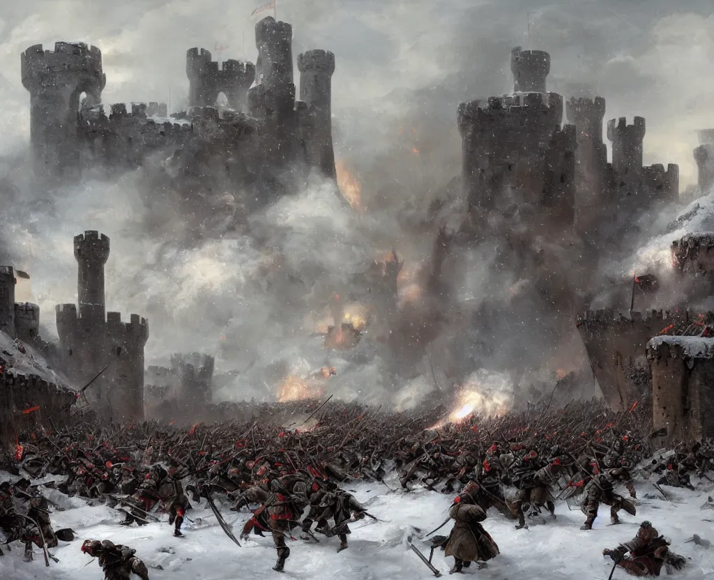 Image similar to Siege of a medieval castle in winter while two great armies face each other fighting below and catapults throw stones at the castle destroying its stone walls, heavy snow storm, fantasy, medieval, fire, explosions and grey smoke here and there, highly detailed, Artstation, oil on canvas painting by greg rutkowski