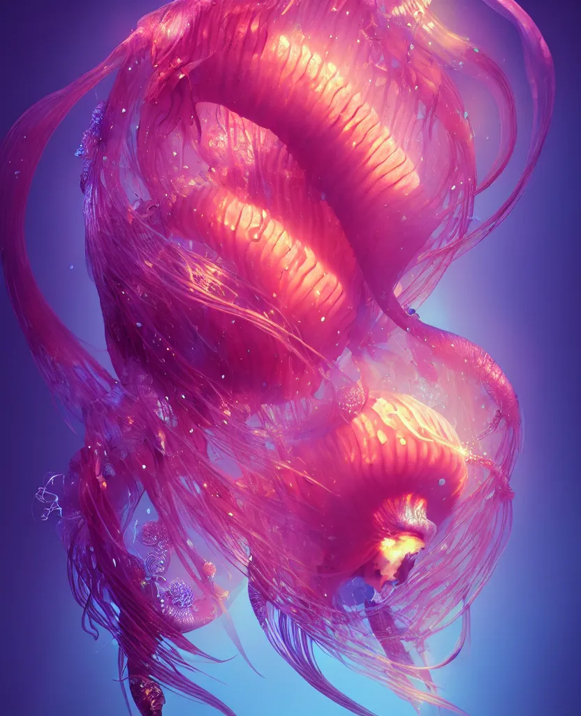 Image similar to goddess close-up portrait. orchid jellyfish phoenix head, nautilus, skull, betta fish, bioluminiscent creatures, intricate artwork by Tooth Wu and wlop and beeple. octane render, trending on artstation, greg rutkowski very coherent symmetrical artwork. cinematic, hyper realism, high detail, octane render, 8k