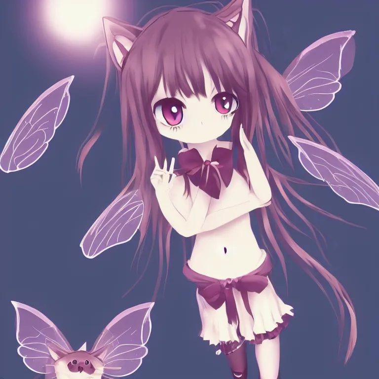 Prompt: cute, full body, female, anime style, a cat girl with fairy wings, large eyes, beautiful lighting, sharp focus, simple background, creative, heart effects, filters applied, symmetrical body, neck cuffs