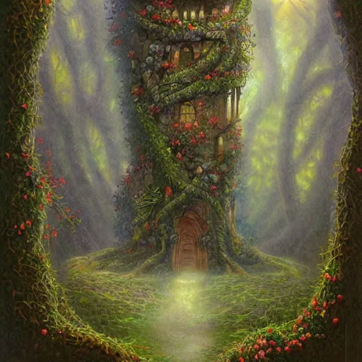 Prompt: fantasy stone tower covered in vines and flowers, misty forest, highly detailed, realistic, boris vallejo