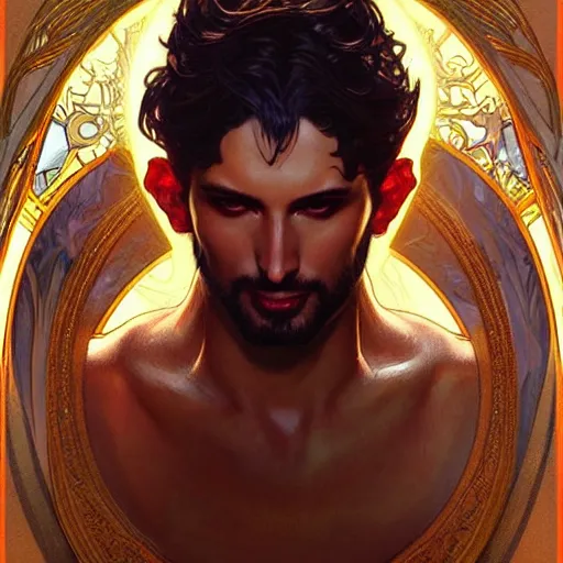 Image similar to attractive male deity, casting dark magic, summoning handsome lucifer morningstar, highly detailed painting by artgerm and greg rutkowski and alphonse mucha