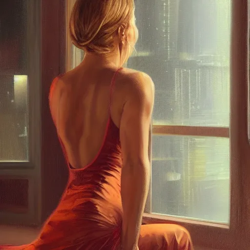 Image similar to Detailed oil painting of a beautiful woman in a tiny dress in a yoga pose on a bed feet up and the window to a rainy cyberpunk city.