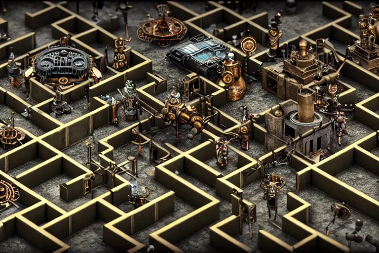 Image similar to steampunk robots in a maze by otto dix, tilt shift, ultra realistic, unreal engine, trending on artstation, 4 k