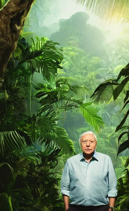 Prompt: Portrait of Sir David Attenborough with a lush tropical jungle in the background, splash art, movie still, cinematic lighting, dramatic, octane render, long lens, shallow depth of field, bokeh, anamorphic lens flare, 8k, hyper detailed, 35mm film grain