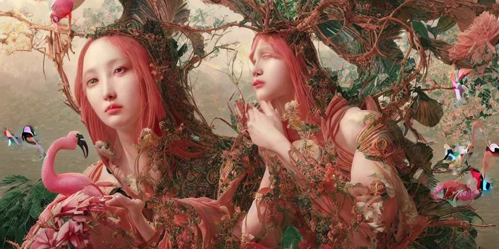 Image similar to breathtaking detailed concept art painting of the goddess of flamingo, orthodox saint, with anxious, piercing eyes, ornate background, amalgamation of leaves and flowers, by Hsiao-Ron Cheng and John James Audubon, extremely moody lighting, 8K