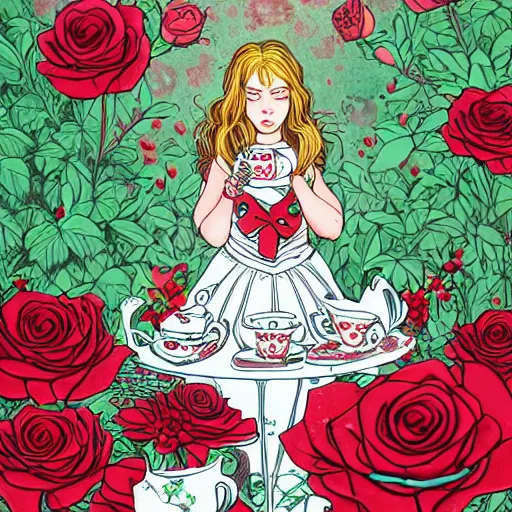 Image similar to Alice in Wonderland at the tea party, surrounded by red and white roses, digital illustration, inspired by Aeon Flux and Möbius, hyper detailed, Magic realism, super photorealistic, muted warm pastel shades, extremely fine inking lines