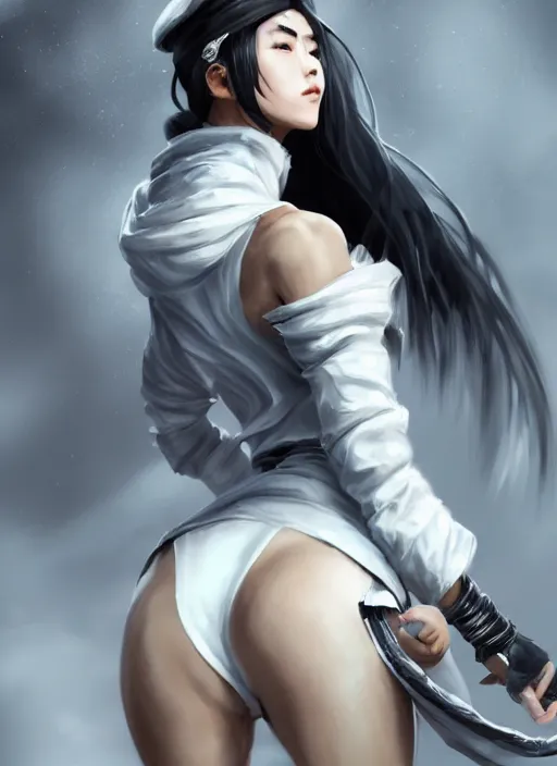 Image similar to a highly detailed illustration of fierce tall amazon messy ponytail black haired one armed delinquent japanese woman wearing white cap wearing long white jacket with cape, dramatic pose, muscular, perfect face, perfect body, intricate, elegant, highly detailed, centered, digital painting, artstation, concept art, smooth, sharp focus, league of legends concept art, wlop.