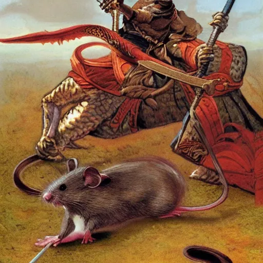 Prompt: martin the mouse warrior battling Asmodeus the serpent by James Gurney. Redwall.