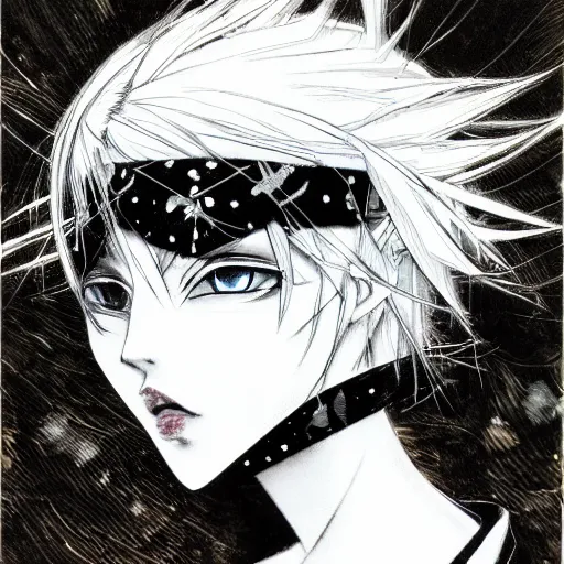 Image similar to Yoshitaka Amano style portrait of an anime girl with short white hair and eyepatch wearing suit with patterns, abstract black and white background, film grain effect, highly detailed, oil painting