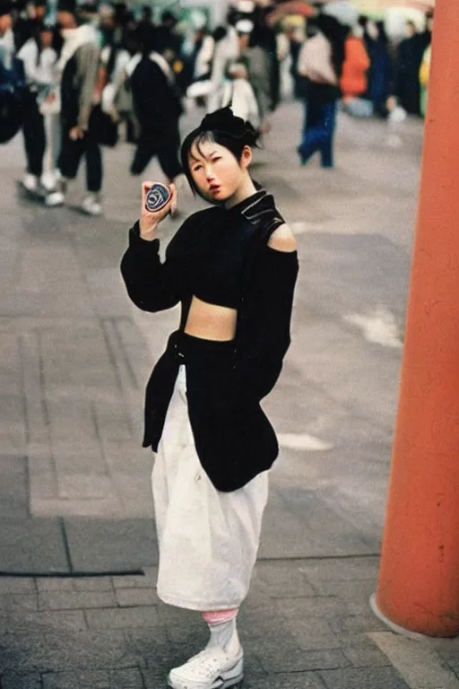 Image similar to a 1 9 9 0 s street fashion photograph of a young japanese woman in 9 0 s fashion!!!, in bubble era tokyo ueno, shot on cinestill 5 0 d with a canon 8 5 mm at f / 5. 6 lens, print magazine quality!!, very photorealistic!!, nineties nostalgia!!!, 4 k