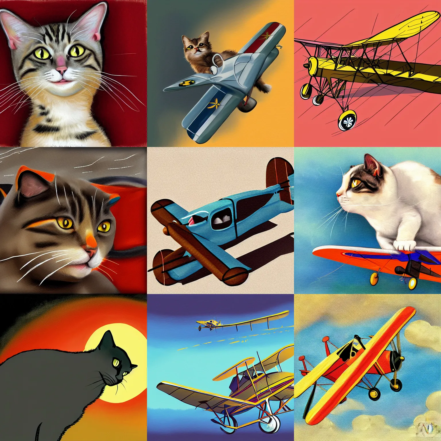 Prompt: a cat piloting a biplane, digital painting