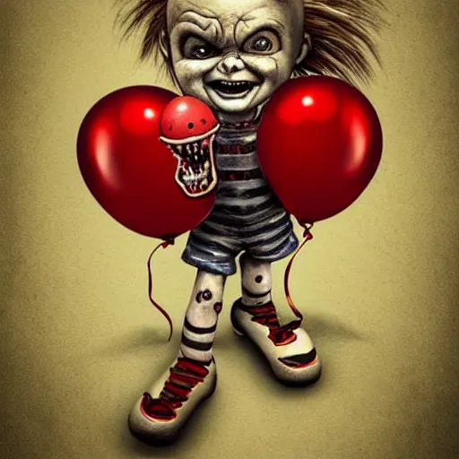 Image similar to surrealism grunge cartoon portrait sketch of chucky with a wide smile and a red balloon by - michael karcz, loony toons style, freddy krueger style, horror theme, detailed, elegant, intricate