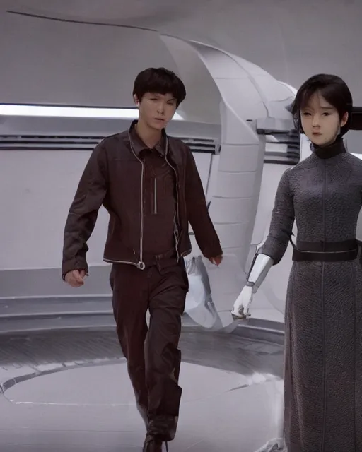 Prompt: remake of logan's run starring a cast of teenaged korean actors and actresses dressed in futuristic traditional korean clothes, futuristic, dome city, robots, monorails, sandman police, renewal