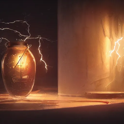 Prompt: commission of a jar with lightning in it,design by charles bowater,greg rutkowski,ross tran,hyperdetailed,hyperrealistic,4k,deviantart,artstation,professional photography,concept art,dramatic