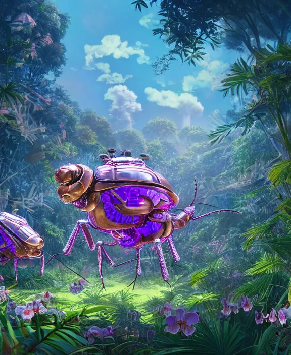 Prompt: an amusement park made out of seamless isopod dragonflies, in the style of a puffy robot, overgrown with orchids, partly cloudy, somber, dramatic lighting, by dan mumford, yusuke murata, makoto shinkai, ross tran, cinematic, unreal engine, cel shaded, featured on artstation, pixiv