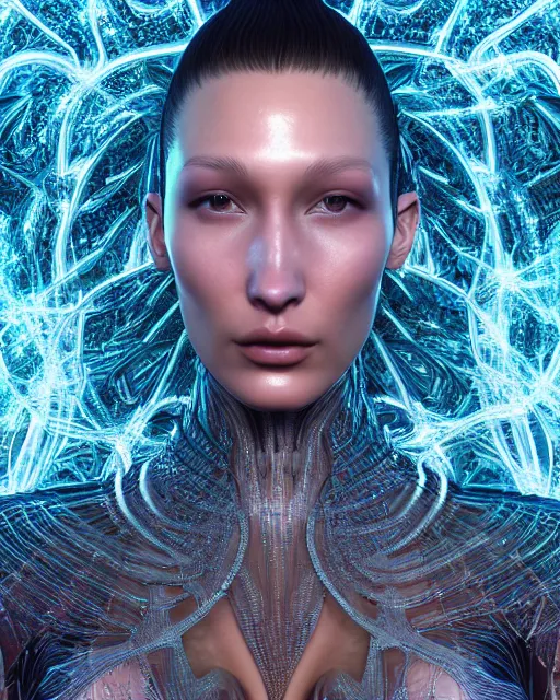 Prompt: a highly detailed metahuman 8 k close up render of bella hadid in iris van herpen dress in alex grey style trending on artstation made in unreal engine 4