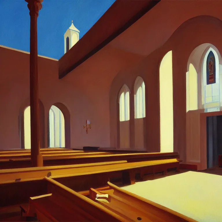 Image similar to empty church interior, painted by Edward Hopper, painted by James Gilleard, airbrush