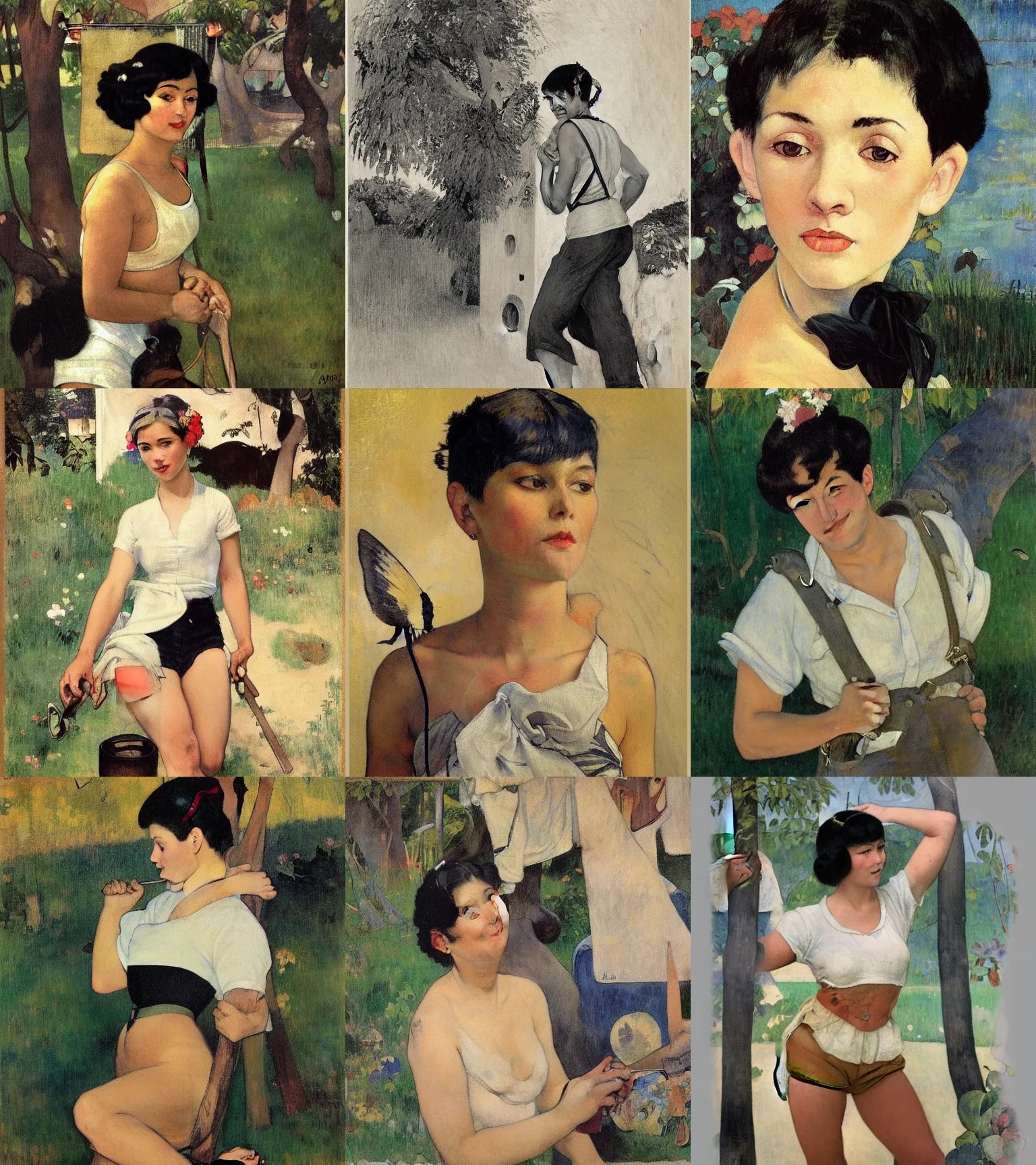 Image similar to a woman with black hair and long pixie haircut in shorts with suspenders and white t-shirt drawn by Paul Gauguin, norman rockwell, frank frazetta, alphonso azpiri, maler collier, peter paul rubens, alphonse mucha, gustav klimt 4k, unreal 5, DAZ, french noveau, trending on artstation, octane render, hyperrealistic