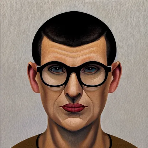 Prompt: 50 year old brunette man with very short hair, buzz cut, round round round face round face round face, square face, round jaw, wide chin , romanian, silver silver glasses, romanian heritage, brown eyes, olive skin, round nose, round chin, clean shaven wide face, thin lips, digital art, painterly, painting, 8k, illustration, beautiful, art by loish, painterly, trending on artstation, medium shot, uncropped