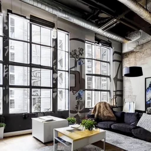 Prompt: trendy downtown loft with modern murals on the wall, modern art and patterns, interior design, beautiful architecture