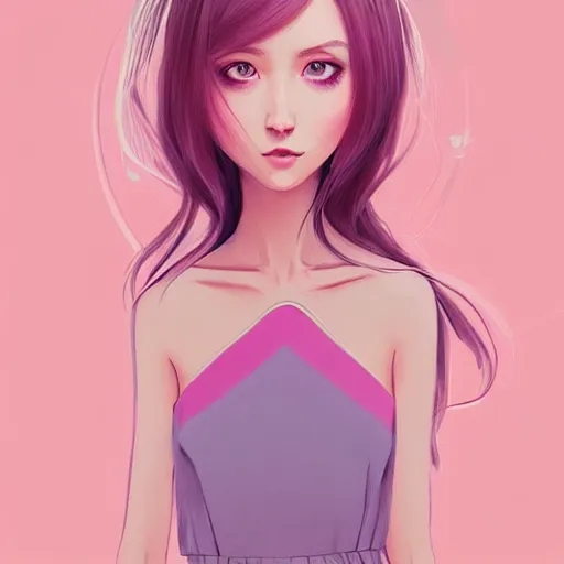 Image similar to adult female in summer dress art, pastel light pink very long hair, muted colors, matte print, pastel colors, ornate, digital art, digital painting, fan art, elegant, artstation, head is centered, by Ilya Kuvshinov