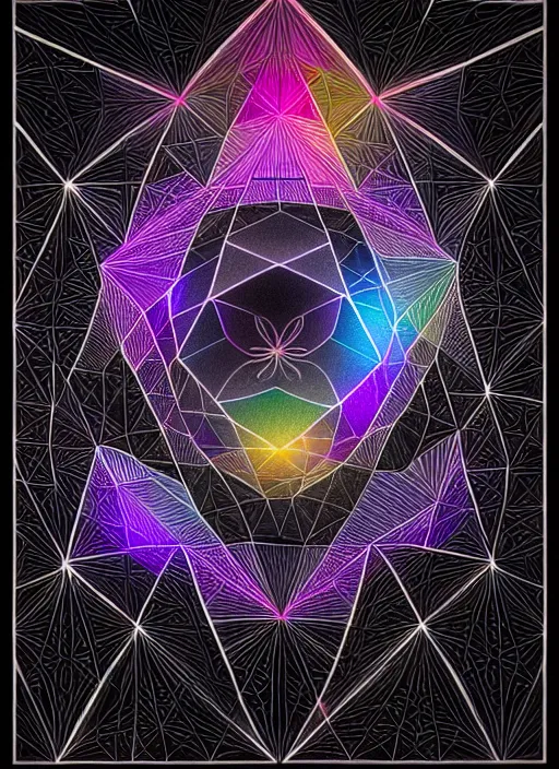 Prompt: sacred geometry print black diamond rainbow highlights, vray, sun flare, symmetry!! intricate, elegant, highly detailed, digital painting, artstation, cgsociety, concept art, smooth, sharp focus, illustration, smooth, filmic, cinematic, photojournalism, telephoto, f / 2 2, technicolor, ray tracing ambient occlusion