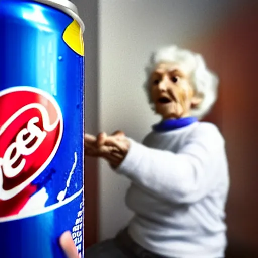 Prompt: Pepsi Man is throwing cans of pepsi at elderly woman. realistic photograph.