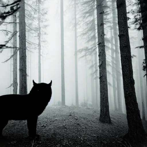 Prompt: misty forest with big black fluffy demon in the center, monochrome lomography