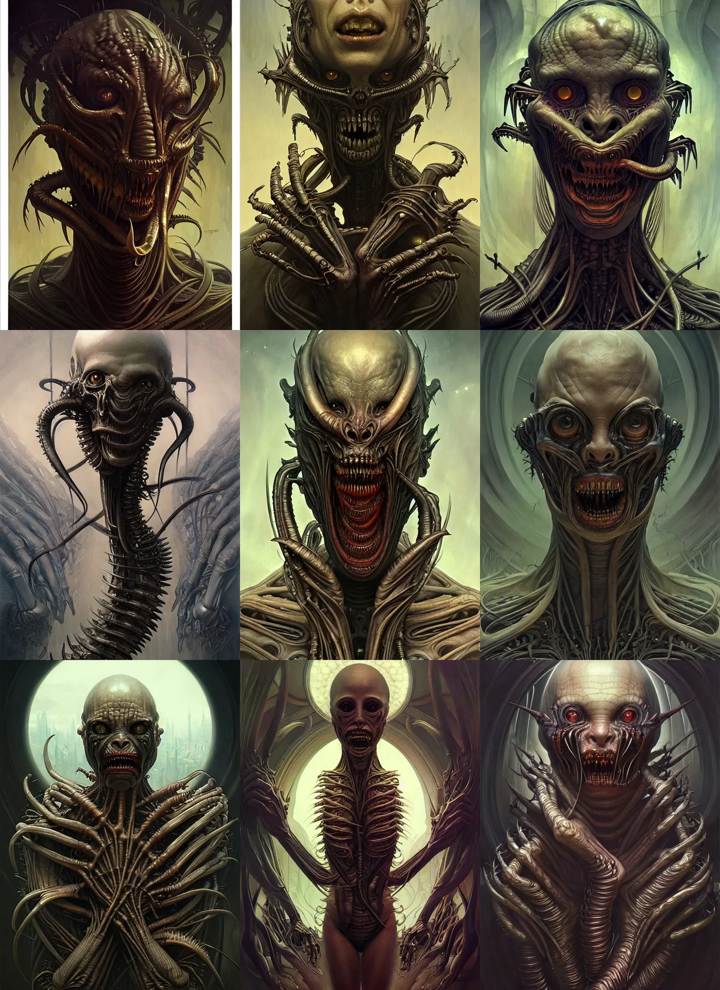 Prompt: a horrifying monster composed entirely of thumbs, giger, alien, intricate, sharp focus, illustration, highly detailed, digital painting, concept art, matte, art by wlop and artgerm and greg rutkowski and alphonse mucha, masterpiece