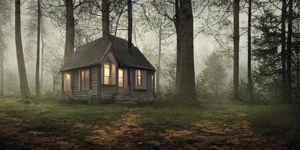 Prompt: a close up of a single cottage in the woods and empty woods, 8k, fantasy, realistic, atmospheric lighting