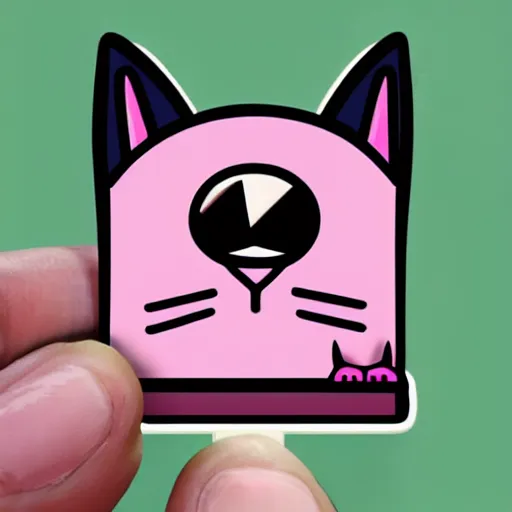 Image similar to sticker of a pink square-bodied cat with thick sharpee eyebrows and a grumpy expression on its face sitting inside a rocket ship
