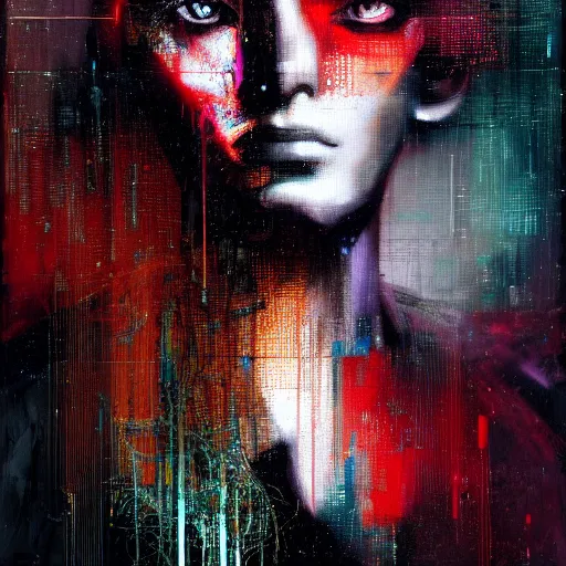 Prompt: hyperrealistic portrait of a mysterious cyberpunk woman with flowing hair, by Guy Denning, Johannes Itten, Russ Mills, glitch art, hacking effects, glitch effects, digital tech effects, cybernetics, detailed lines, holographic, chromatic, color blocking!, oil on canvas, octane, concept art, abstract, red face, 8k, trending on artstation