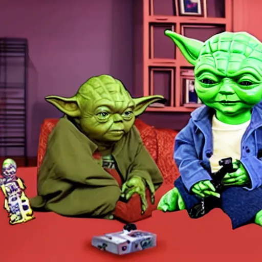 Image similar to Yoda sitting on the couch next to Chucky the killer doll playing video games in a messy room