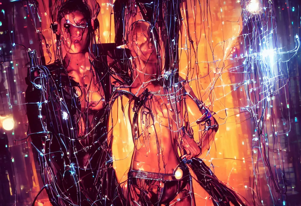 Image similar to melting face, cyberpunk 2 0 y. o model, black reflect robe, wrapped in wires and piones, looking straight ahead, a computer magazine from the'9 0 s art by max lofflern