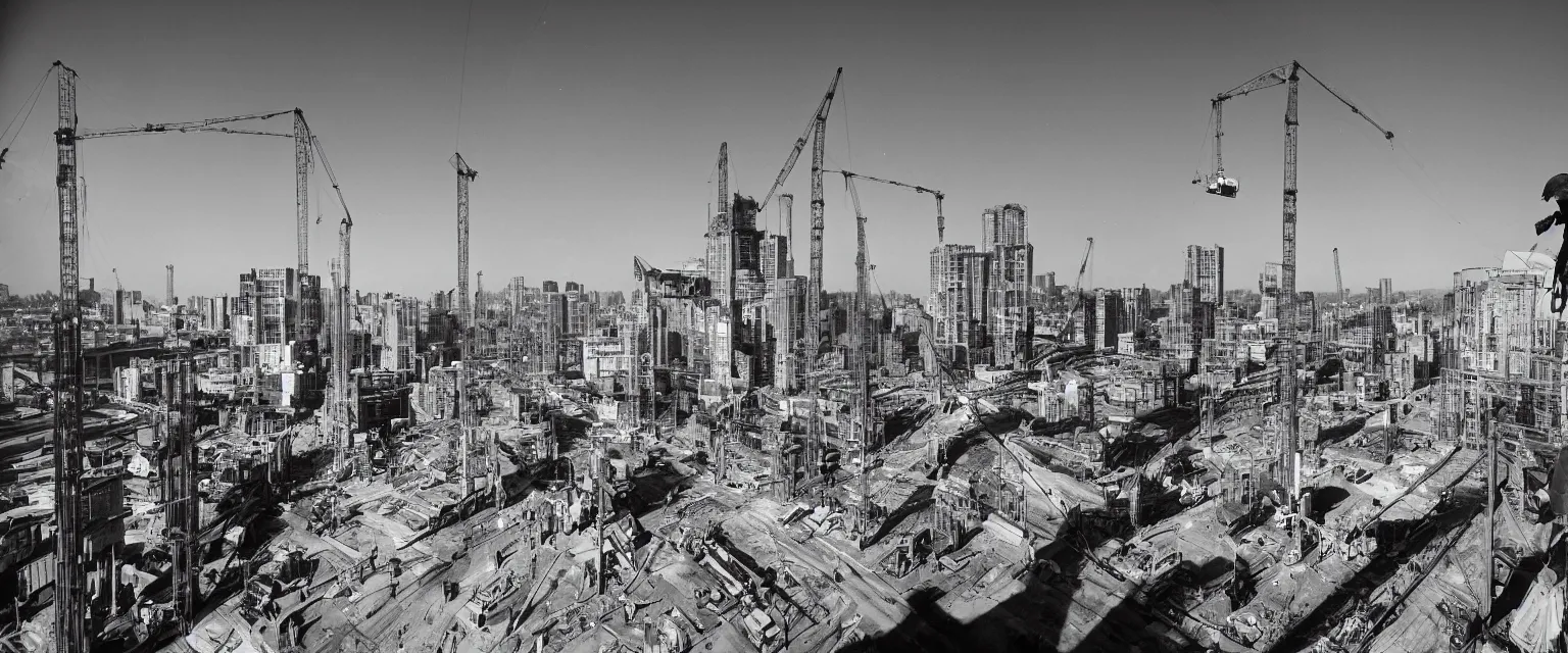 Prompt: detailed sharp photograph in the style of popular science circa 1 9 5 5 and gregory crewdson of a construction worker on a high beam above the city