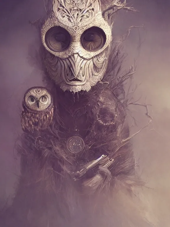 Prompt: a ultradetailed beautiful concept art of a strange human, hiding his face with an intricate wooden mask of an owl, high resolution 4 k, by tom bagshaw, greg rutkowski, charli bowater