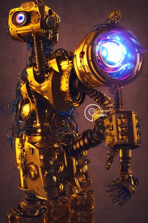 Image similar to portrait photo of a giant huge golden and blue metal humanoid steampunk robot, television camera on the shoulder, with gears and tubes, eyes are glowing red lightbulbs, shiny crisp finish, 3 d render, 8 k, insaneley detailed, fluorescent colors, background is multicolored lasershow