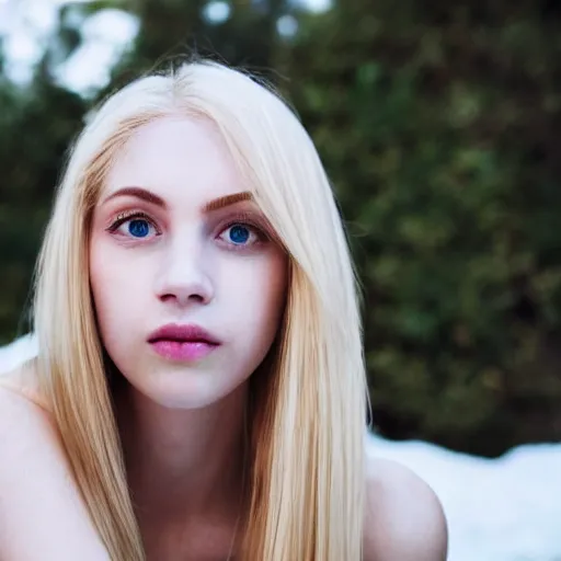 Prompt: portrait of a beautiful woman with: pale white skin, blonde shoulder length straight hair, alluring eyes, mean and sarcastic look on her face. you see her in a backyard at a friend's house at one in the morning on a cold night. intense feeling.