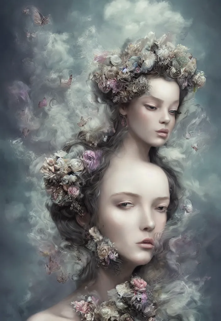 Prompt: beautiful, haunting young woman made out of smoke and clouds, in renaissance times, detailed gorgeous face, flowing hair, vaporwave aesthetic, synthwave long luxurious gown made out of pearls, hair done up with flowers and ribbons, digital art, butterflies, birds, digital painting, artstation, concept art, smooth, sharp focus, illustration, art by marcela bolivar, artgerm and greg rutkowski and alphonse mucha