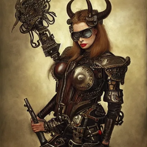 Image similar to a hyperrealistic portrait painting of a beautiful woman with demonic horns wearing steampunk goggles and ornate leather armor, holding a hi - tech weapon, by santiago caruso, highly detailed,